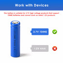 Digital battery analyzer display showing 10440 350mAh cell tested at 355mAh capacity