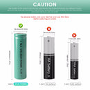 14500 LiFePO4 batteries recharging in a charger with a green plant background symbolizing eco-friendliness