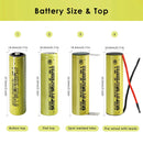 18650 battery 3.2V 2000mAh LiFePO4 dimensions and top terminal diagram showing 18mm diameter, 65mm flat top, 67mm button top and terminal types