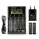 LiitoKala Lii-M4S 4-slot smart charger kit with EU plug adapter and 4x 18650 button top batteries. Includes touch control, 4 intelligent modes, and power bank function.