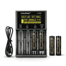 LiitoKala Lii-M4S 4-slot smart charger kit with 4x 18650 button top batteries. Includes touch control, 4 intelligent modes, power bank function, and LCD display. No wall adapter included.
