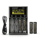 LiitoKala Lii-M4S 4-slot smart charger kit with 4x 18650 flat top batteries. Includes touch control, 4 intelligent modes, power bank function, and LCD display. No wall adapter included.