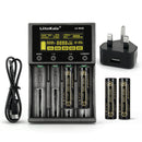 LiitoKala Lii-M4S 4-slot smart charger kit with UK plug adapter and 4x 18650 flat top batteries. Includes touch control, 4 intelligent modes, and power bank function.