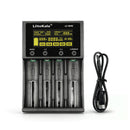 LiitoKala Lii-M4S 4-slot smart battery charger with touch control, 4 intelligent modes (Charge/Discharge/Test/Storage), Type-C input, USB power bank output, and LCD display. Charger and cable only, wall adapter NOT included.