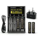  LiitoKala Lii-M4S 4-slot smart charger kit with UK plug adapter and 4x 18650 button top batteries. Includes touch control, 4 intelligent modes, and power bank function.