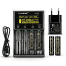 LiitoKala Lii-M4S 4-slot smart charger kit with EU plug adapter and 4x 18650 flat top batteries. Includes touch control, 4 intelligent modes, and power bank function.