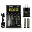 LiitoKala Lii-M4S 4-slot smart charger kit with US plug adapter and 4x 18650 button top batteries. Includes touch control, 4 intelligent modes, and power bank function.