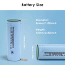 Dimension comparison chart of 26700 LiFePO4 battery, showing Flat Top 70mm, Button Top 72mm, and Nickel Tabs 72mm variants for precise device fitment