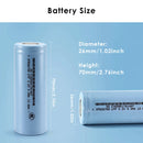 Dimension comparison chart of 26700 LiFePO4 battery, showing Flat Top 70mm, Button Top 72mm, and Nickel Tabs 72mm variants for precise device fitment
