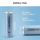Dimension comparison chart of 26700 LiFePO4 battery, showing Flat Top 70mm, Button Top 72mm, and Nickel Tabs 72mm variants for precise device fitment
