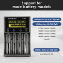 LiitoKala Lii-M4S charger compatibility chart supporting 3.7V Li-ion and 1.2V NiMH batteries in sizes 18650, 21700, 26650, 16340, AA, AAA, and more.