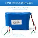 Close-up of the red positive and black negative pre-soldered wires of the 32700 battery pack, reminding users to attach their own terminals to the bare wire ends