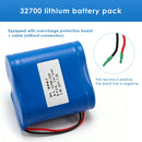 Close-up of the red positive and black negative wires of the 32700 battery pack, indicating the user must solder their own connector to the bare wire ends