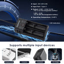 Keeppower K2 dual-slot charger featuring adjustable 0.5A, 1A, and 2A charging current, 5-level LED power indicator, and universal USB Type-C input port.