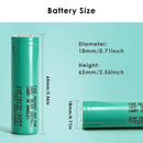 INR18650-20R4 battery dimensions – 65mm height x 18.2mm diameter, standard 18650 size with detailed measurement diagram.