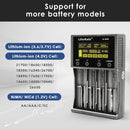 LiitoKala Lii-M4S charger compatibility chart supporting 3.7V Li-ion and 1.2V NiMH batteries in sizes 18650, 21700, 26650, 16340, AA, AAA, and more.