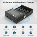 LiitoKala Lii-M4S charger featuring 6-layer safety protection including over-discharge, over-temperature, over-voltage, over-charge, short circuit, and over-current protection.
