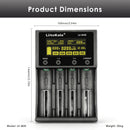 LiitoKala Lii-M4S charger detailed dimensions measuring 146mm length by 100mm width by 33mm height, with input voltage and charging current specifications.