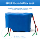 Close-up of the red positive and black negative pre-soldered wires of the 32700 battery pack, reminding users to attach their own terminals to the bare wire ends