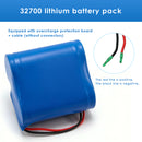 Close-up of the red positive and black negative wires of the 32700 battery pack, indicating the user must solder their own connector to the bare wire ends