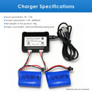  Specification sheet for 7.4V 2S Dual USB Balance Charger, featuring XH-3P connector and dual output ports