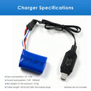 Specifications diagram for 7.4V 2S USB Charging Cable with SM-4P Plug, detailing 1000mA output, 56.5cm length, and 15.5g weight