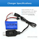 Technical specs diagram of 7.4V 2S USB Charging Cable XH-3P, showing 1300mA output, 56.5cm length, and 19g weight details