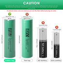 DMEGC INR18650-30P battery terminal guide showing Flat Top (65mm), Button Top (66.5mm), and Nickel Tab options. Button Top adds ~1.5mm length; Nickel Tab is pre-welded for DIY pack assembly.