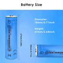  EVE ICR18650-26V 2550mAh battery detailed dimensions showing Flat Top 65mm and Button Top 67mm lengths, 18mm diameter, with 3.7V nominal voltage and 3C (7.65A) discharge specs.