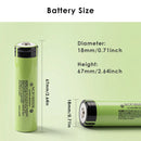 Panasonic NCR18650B 3400mAh battery detailed dimensions showing Flat Top 65mm, Button Top 67mm, and Protected Button Top 69mm lengths, 18mm diameter, with 3.7V nominal voltage specs.