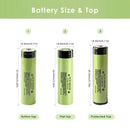Panasonic NCR18650B 3400mAh battery detailed dimensions showing Flat Top 65mm, Button Top 67mm, and Protected Button Top 69mm lengths, 18mm diameter, with 3.7V nominal voltage specs.