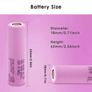Samsung 35E 18650 flat top dimension diagram with precise measurements diameter 18.33mm height 64.85mm weight 50g