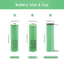 Samsung INR18650-25R 2500mAh battery detailed dimensions showing Flat Top 65mm and Button Top 67mm lengths, 18mm diameter, with 3.7V nominal voltage and 20A discharge specs.