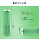 Samsung INR18650-25R 2500mAh battery detailed dimensions showing Flat Top 65mm and Button Top 67mm lengths, 18mm diameter, with 3.7V nominal voltage and 20A discharge specs.
