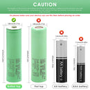 Samsung INR18650-25R battery terminal guide showing Flat Top (65mm), Button Top (67mm), and Nickel Tab options. Button Top adds ~2mm length; Nickel Tab is pre-welded for DIY pack assembly.