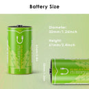 BESTON 1.5V D size 7400mWh rechargeable battery detailed specs sheet showing 32mm diameter, 61mm height, 67.6g weight, and Type-C charging port.