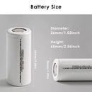 CBAK IFR26650 battery compared to 18650 and 21700 cells for size reference