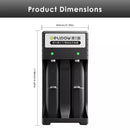 Visual compatibility guide showing all supported battery sizes in charger slots