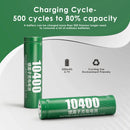 Infographic showing Delipow 10440 320mAh 3.7V Li-ion battery true capacity and 500+ recharge cycles