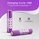 Infographic showing Delipow 10440 320mAh 3.7V Li-ion battery capacity, 500+ recharge cycles, and flashlight runtime improvement