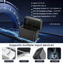 Delipow 10‑bay charger powered via USB‑C from power bank, laptop, and wall adapter, with organized battery storage
