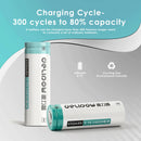 Infographic showing Delipow 14430 650mAh 3.7V lithium battery capacity and 500+ recharge cycles for solar applications