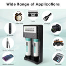 Delipow 14430 batteries and USB charger powering outdoor solar garden lights, solar panel light, electric shaver, and LED flashlight
