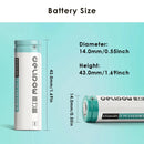 Delipow 14430 battery dimension diagram – 43.0mm height, 14.0mm diameter, NOT AA/AAA size – comparison with AA and AAA shown