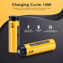 Infographic showing Delipow 14500 4440mWh 3.7V lithium battery capacity, 500+ recharge cycles, and Type-C charging feature