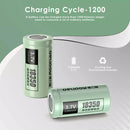 Infographic showing Delipow 18350 1100mAh 3.7V flat top lithium battery capacity and 500+ recharge cycles