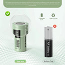 Infographic showing Delipow 18350 IMR 1100mAh flat top high drain lithium battery capacity, 500+ recharge cycles, and 8-10A continuous discharge rating