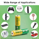 Delipow 20-pack AA 1300mAh solar batteries powering garden pathway lights, solar lanterns, decorative string lights, and landscape spotlights