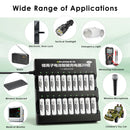 Delipow 20‑pack AA lithium batteries and 20‑bay fast charger powering classroom response systems, office conference microphones, professional camera flashes, and emergency exit signs