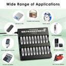 Delipow 20‑pack AAA lithium batteries and 20‑bay charger powering hotel TV remotes, hospital nurse call pagers, office conference room controllers, and school emergency radios